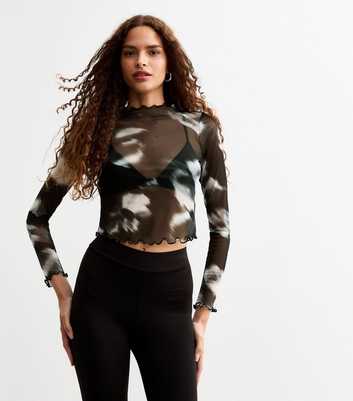 Black Abstract Print Mesh Long Sleeve Top