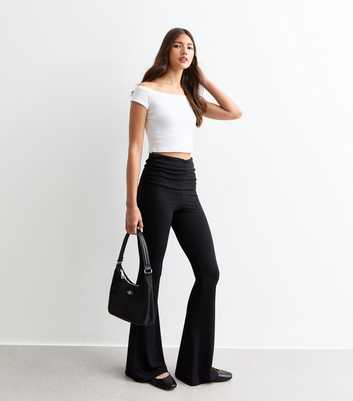 Black Ribbed Folded Waist Flared Trousers