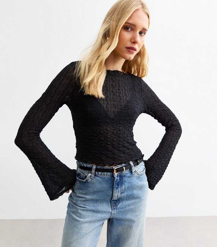 Black Textured Flared Sleeve Top