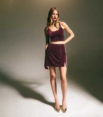 Burgundy Velvet Split Front Mini Skirt