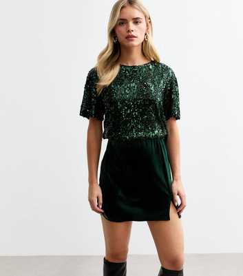 Petite Dark Green Split Hem Velvet Mini Skirt