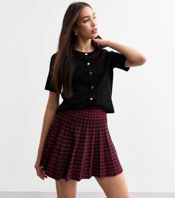 Red Woven Dogtooth Pleated Mini Skirt