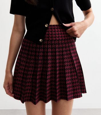 Red Woven Dogtooth Pleated Mini Skirt New Look