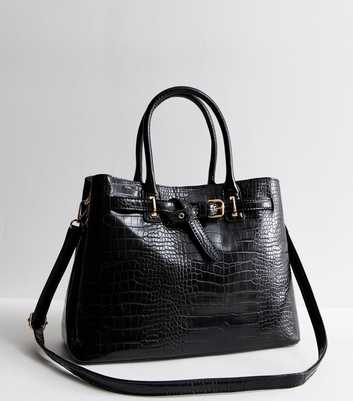 Black Buckle Croc Effect Triple Compartment Tote Bag