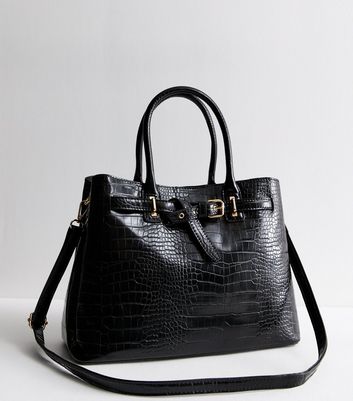 Black Buckle Croc Effect Triple Compartment Tote Bag New Look