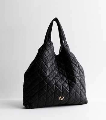 Black Quilted Faux Leather Large Tote Bag