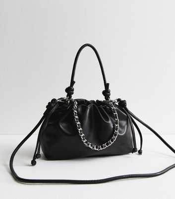 Black Faux Leather Drawstring Crossbody Bag