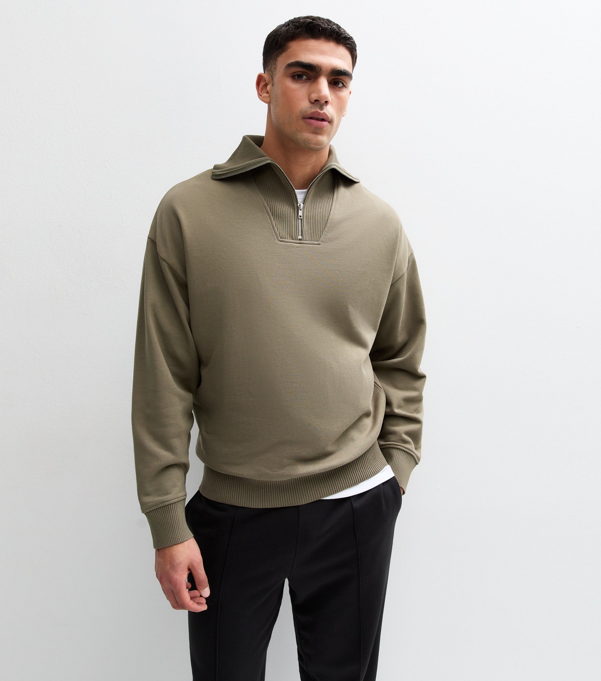 Men's Khaki Regular Quarter Zip Cotton Jumper New Look