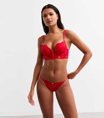 Red Diamantè Charm Floral Lace Brazilian Briefs