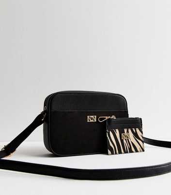 Black Grained Faux Leather Crossbody Bag And Cardholder