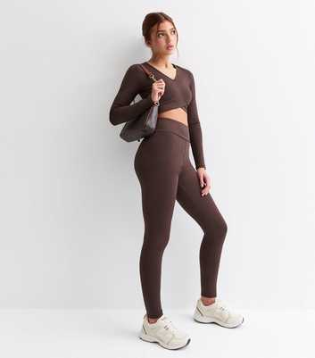 Girls Dark Brown High Rise Jersey Leggings