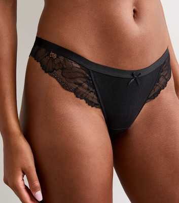 Black Lace Trim Rib Cotton Thong 