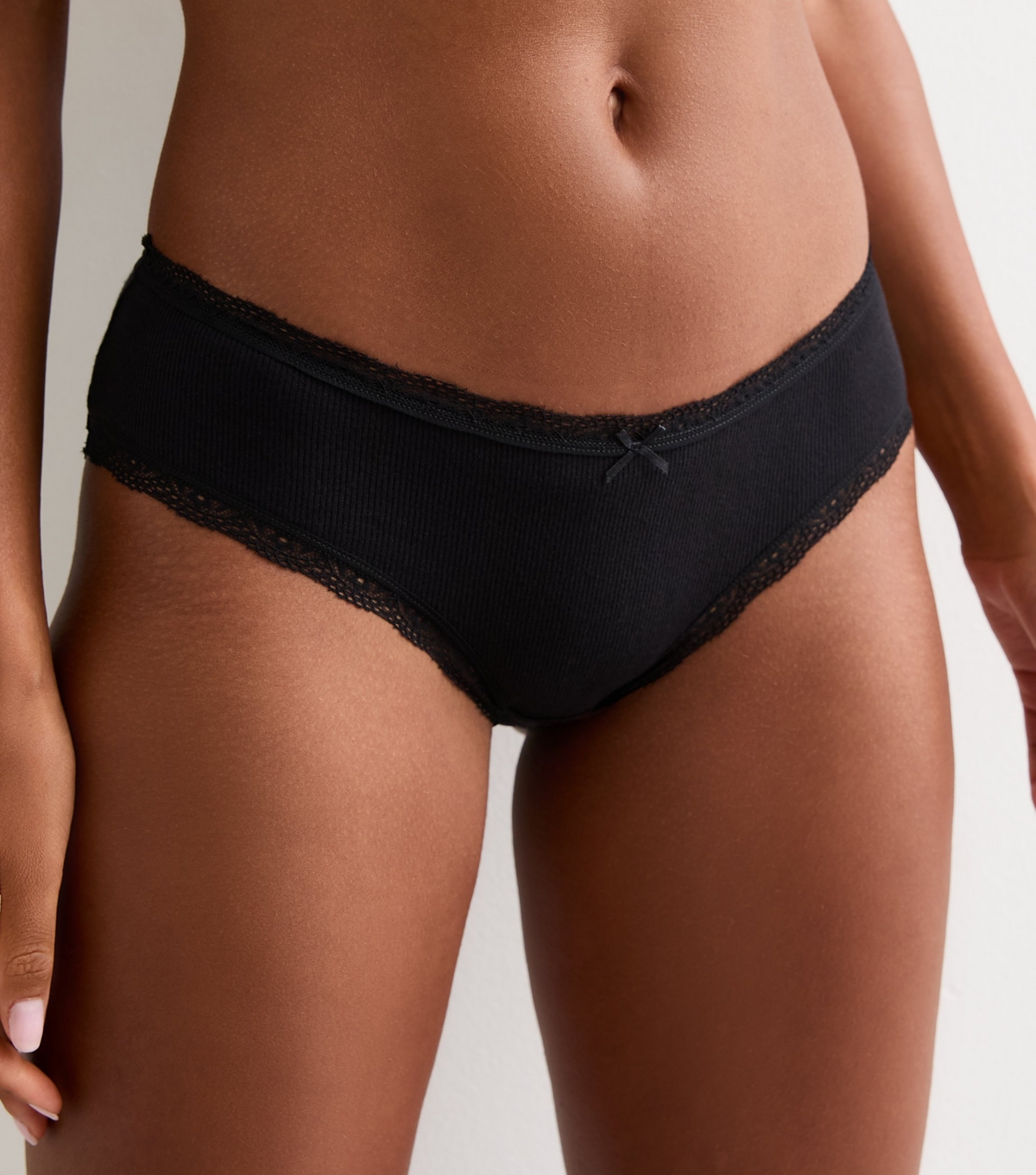 Women's Black Lace Trim Ribbed Cotton Short Briefs New Look