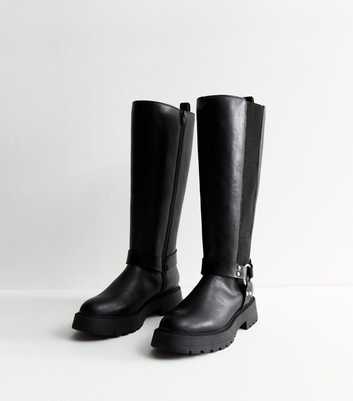 Wide Fit Black Triple Strap Buckle Faux Leather Knee High Boots