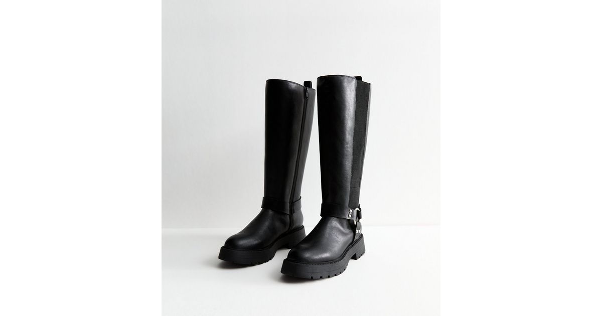 Buckled Faux Leather Knee-High Boots
