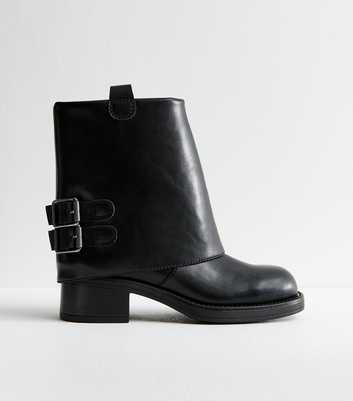 Black Folded Faux Leather Heeled Biker Boots