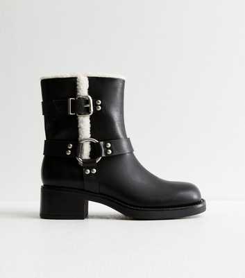 Black Faux Fur Trim Leather Look Biker Boots