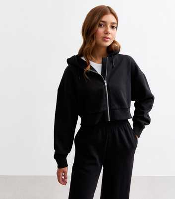 Girls Black Oversized Cropped Jersey Hoodie