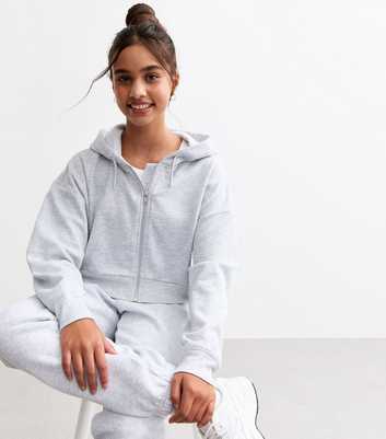 Girls Grey Oversized Cropped Jersey Hoodie