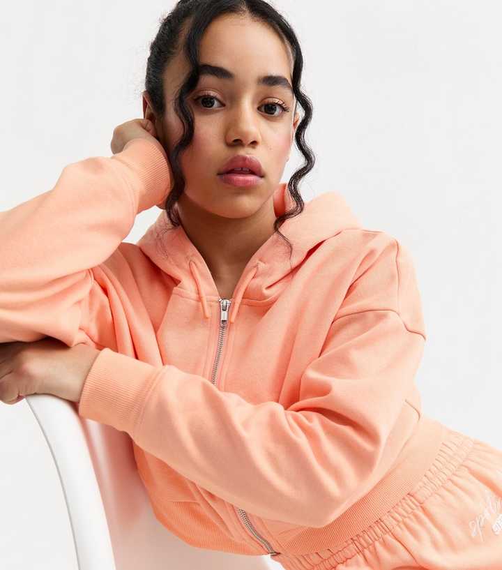 Girls Bright Orange Oversized Cropped Jersey Hoodie