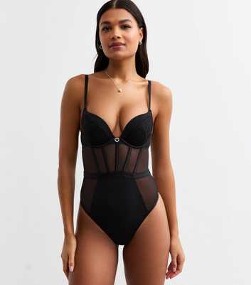 Black Heart Embroidered Push Up Mesh Bodysuit