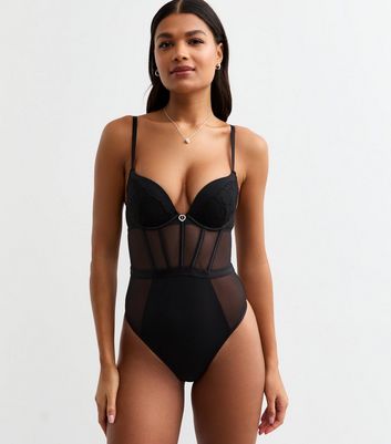 Black Heart Embroidered Push Up Mesh Bodysuit New Look