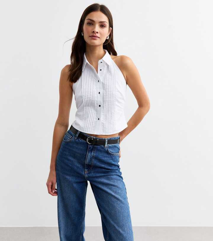 White Poplin Tuxedo Halterneck Top