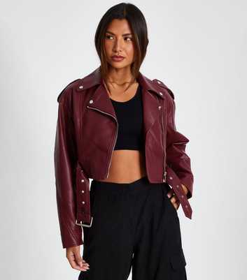 QUIZ Burgundy Crop Biker Leather Look Jacket