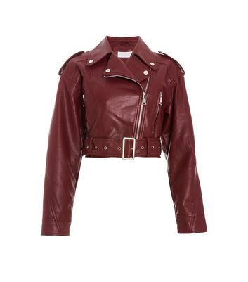 QUIZ Burgundy Crop Biker Leather Look Jacket New Look