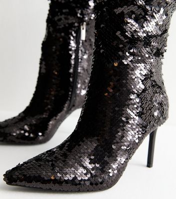 Black Sequinned Stiletto Knee High Boots New Look