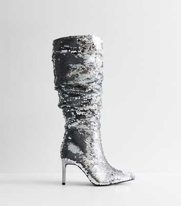 Silver Sequinned Stiletto Knee High Boots