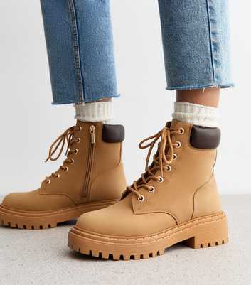 Wide Fit Tan Leather-Look Lace Up Boots