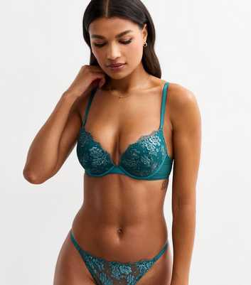 Dark Green Metallic Floral Embroidered Push Up Bra