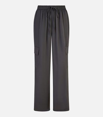 Yumi Dark Grey Wide Leg Drawstring Cargo Trousers New Look