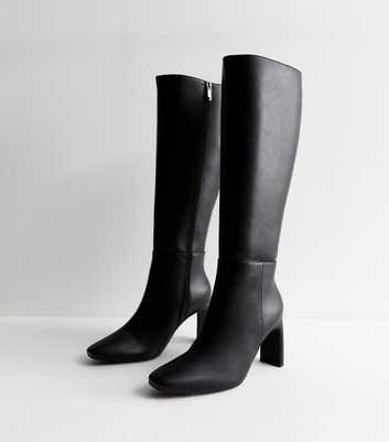 Black Leather-Look Zipped Knee High Boots