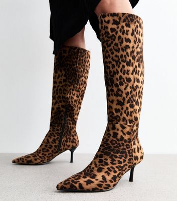 Stone Leopard Print Knee High Boots New Look