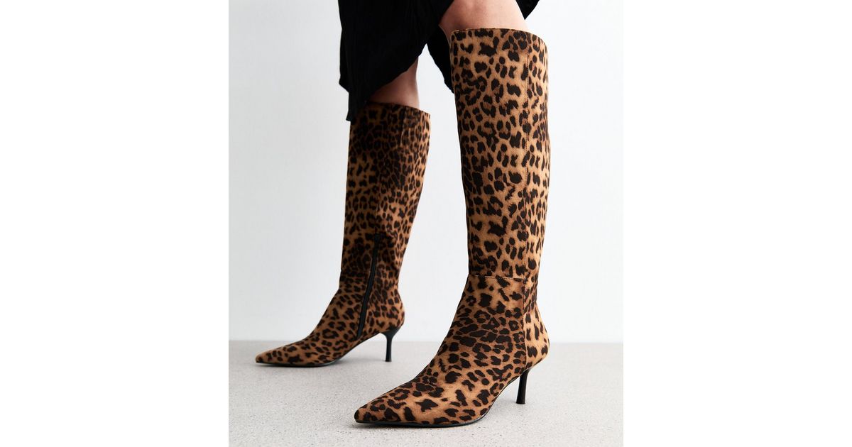 Stone Leopard Print Knee High Boots New Look