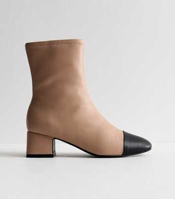 Camel Leather Look Contrast Toecap Ankle Boots