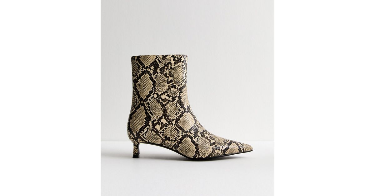 Off White Snakeskin-Look Pointed Kitten Heel Ankle Boots New Look
