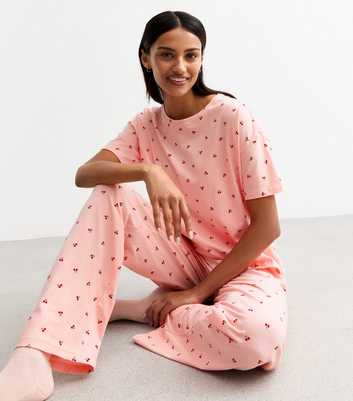 Pink Cherry Print Cotton Long Pyjama Set