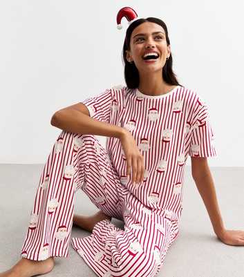 White Christmas Santa Stripe Cotton Long Pyjama Set