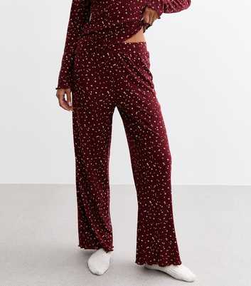 Burgundy Ditsy Floral Print Wide Leg Trousers