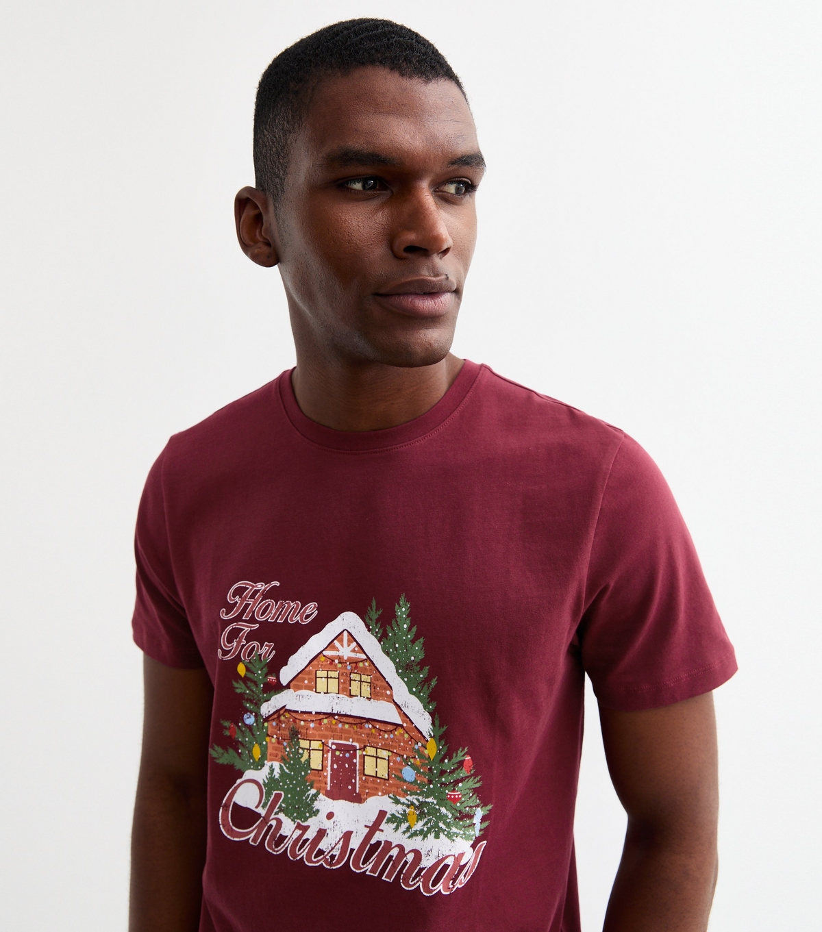 Men's Burgundy Regular Home For Christmas Print T-Shirt New Look