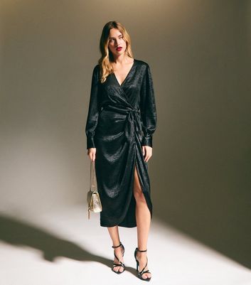 Black Foil Long Sleeve Wrap Midi Dress