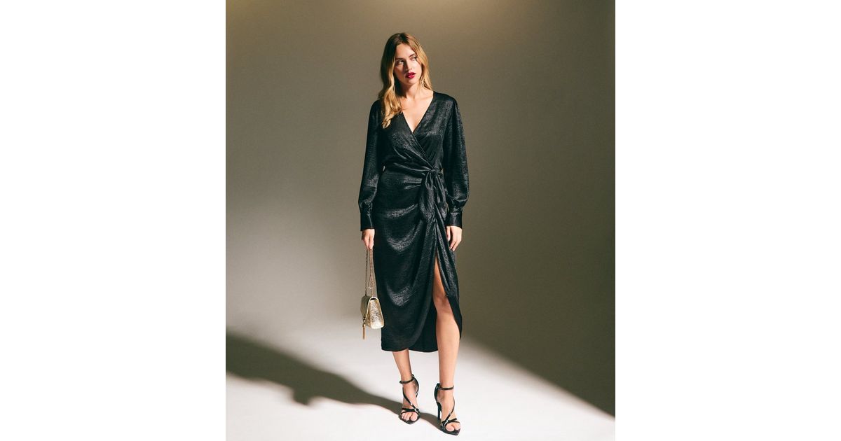 Black Foil Long Sleeve Wrap Midi Dress | New Look