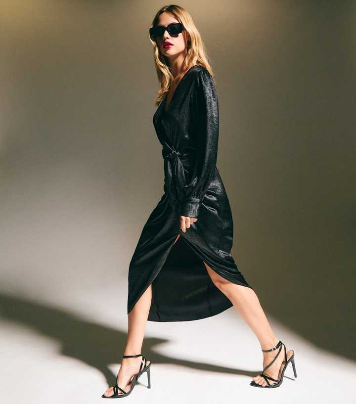 black foil long sleeve wrap midi dress Siena Women's Foiled Long Sleeve Midi Dress