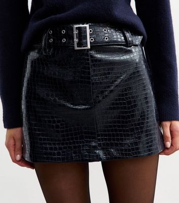 Navy Crocodile Effect Faux Leather Micro Mini Skirt New Look