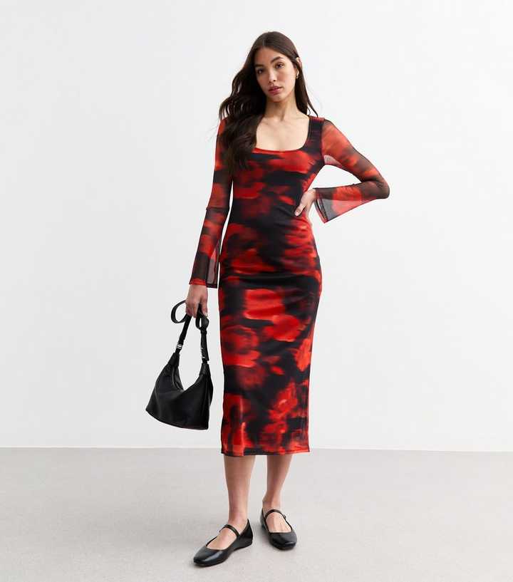 Red Floral Print Mesh Square Neck Midi Dress | New Look