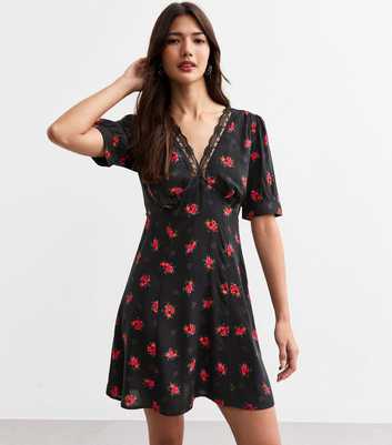 Black Floral Print Lace Trim Mini Tea Dress