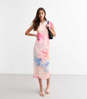 Pink Abstract Print Mesh Midi Dress